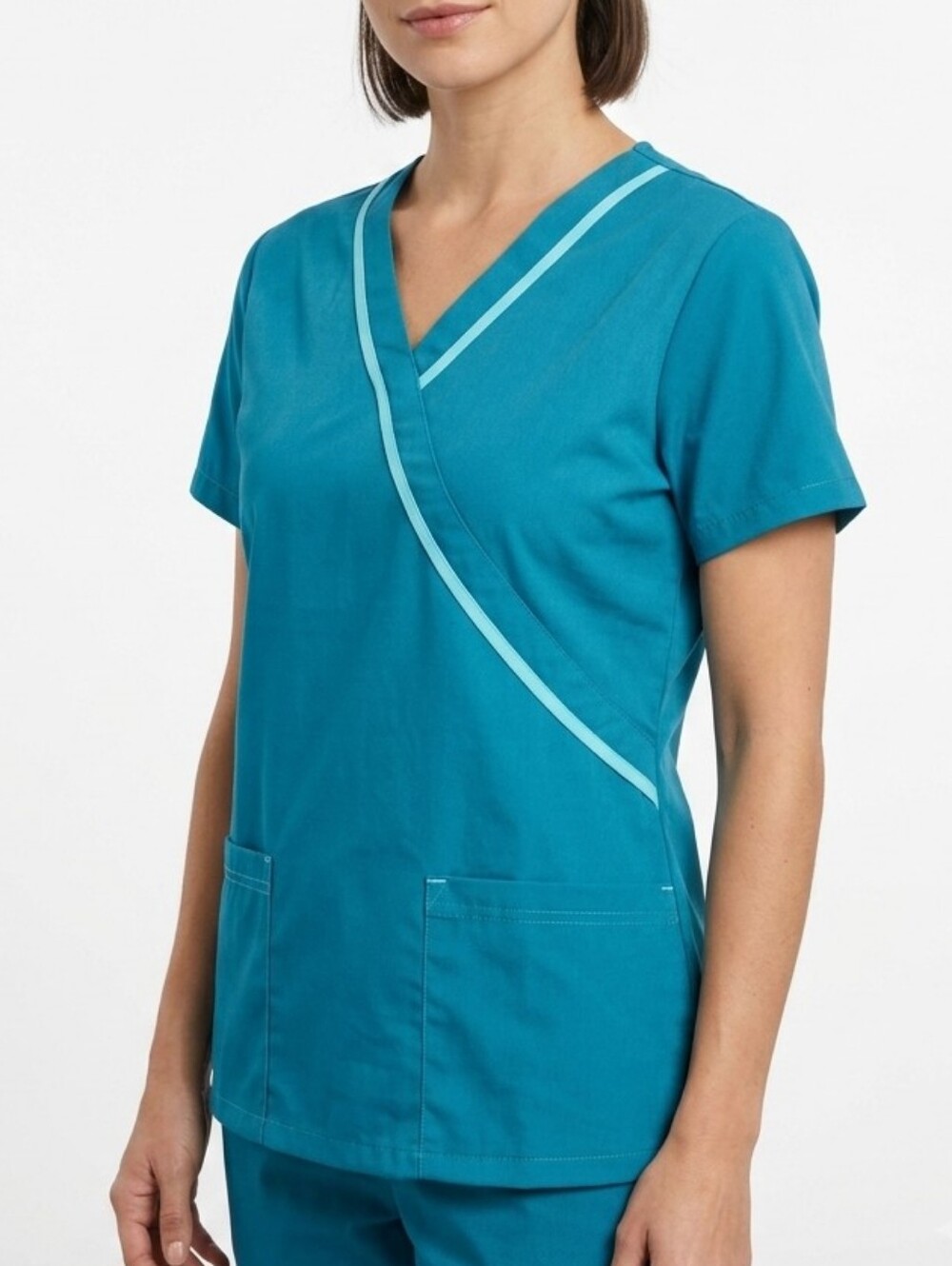 24/7 Comfort Teal Blue Mock Wrap Medical Scrub Top - Size M